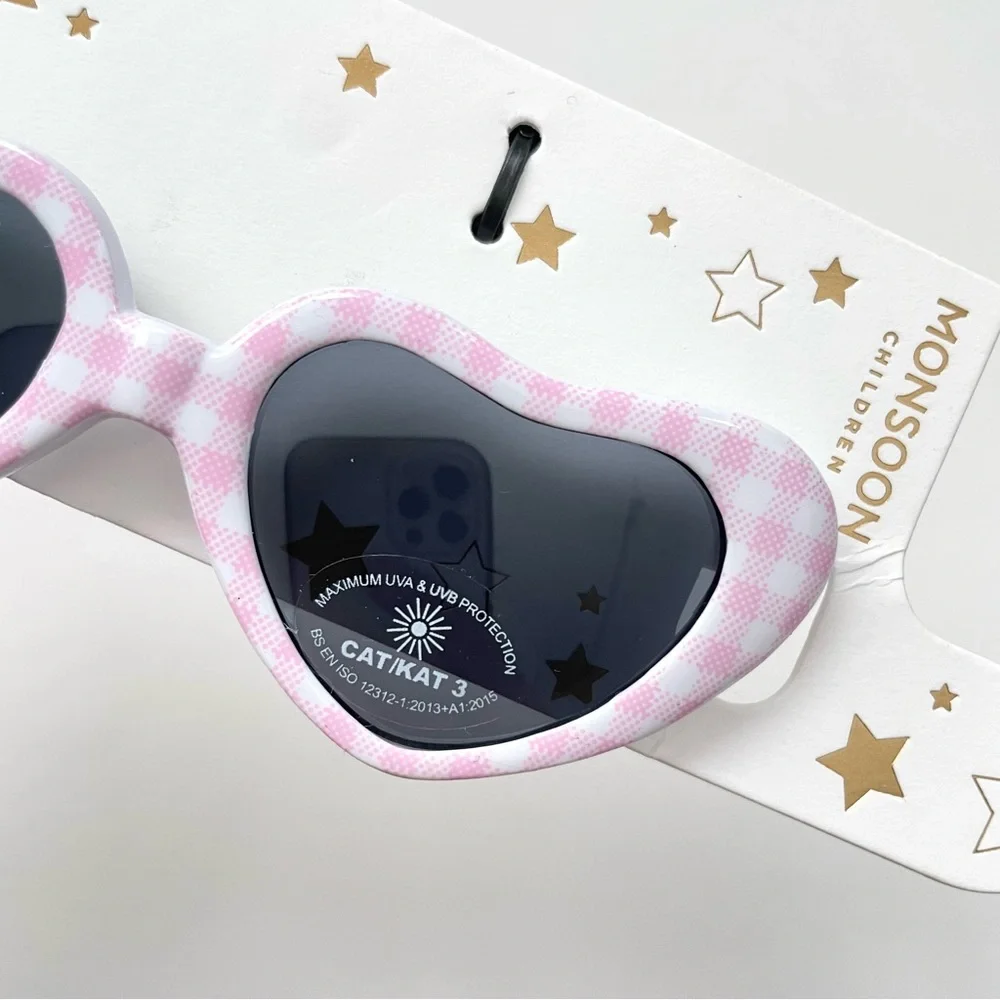Girls Heart Shape Sunglasses with Pink White Checker Pattern - Ado…